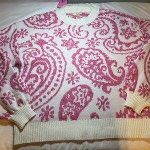 easel Pink and White Paisley Knit Sweater